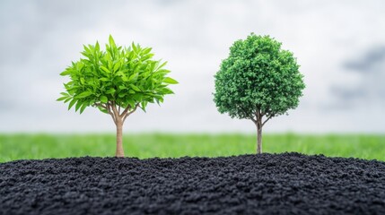 Two Distinct Trees Growing on Dark Soil Against a Bright Cloudy Sky