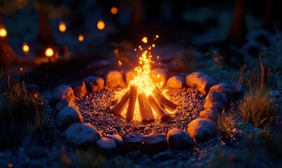 Glowing bonfire surrounded by glowing embers, with warm light casting dynamic shadows on the surrounding area for a cozy and rustic evening feel