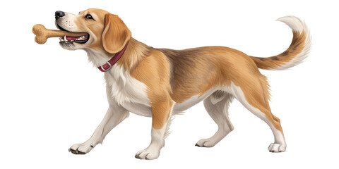Dog standing while holding a bone. Realistic pet pose isolated on transparent background for dog food and training advertising.