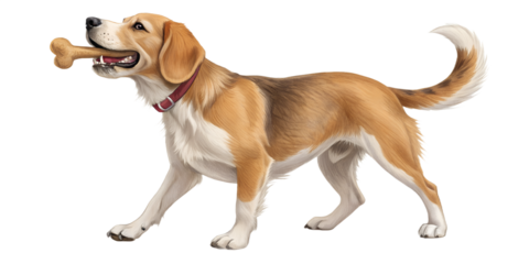 Dog standing while holding a bone. Realistic pet pose isolated on transparent background for dog food and training advertising.