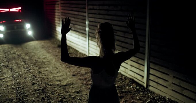 Girl with hands up against a police silhouette on a gravel road at night under blue lights