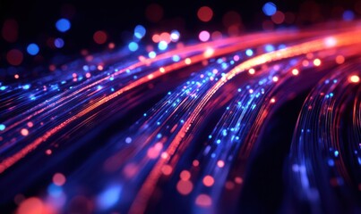 Glowing fiber optic cables transmitting data in a high-tech environment, deep high-contrast neon hues, high-detail technology photography, sleek and futuristic composition