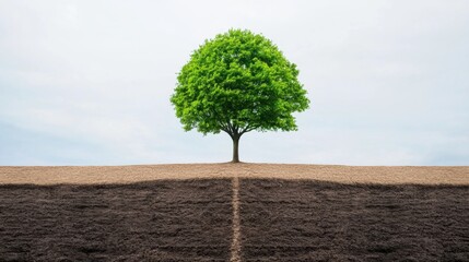 Lush Green Tree on Brown Soil Ridge Under Soft Cloudy Sky Landscape
