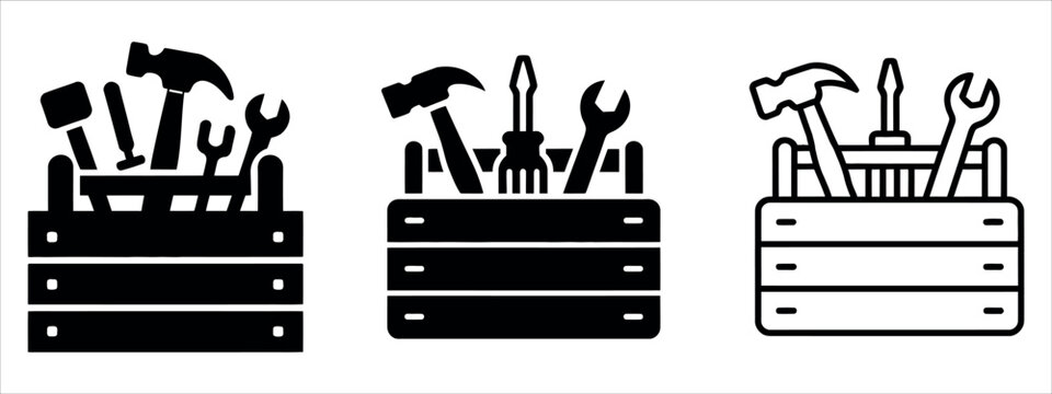Set of toolbox icons with various tools inside vector.