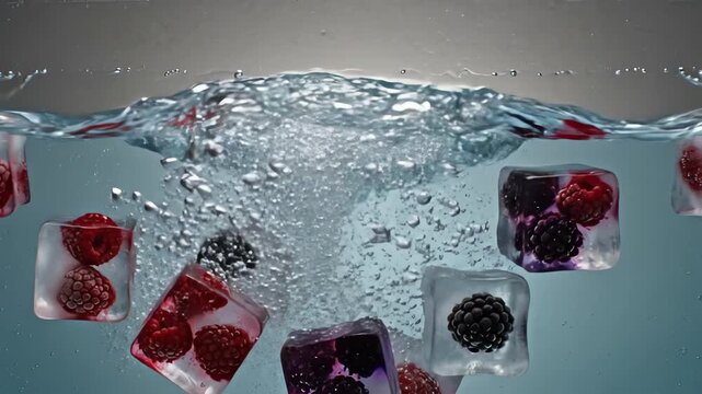 High speed slow motion shot of vibrant frozen raspberry and blackberry ice cubes splashing dramatically into crystal clear purified water fresh, splashing dramatically, thirst quenching
