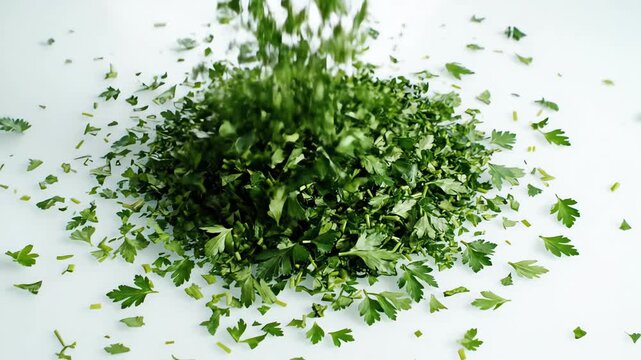 High speed slow motion shot of small, chopped parsley leaves raining down and softly scattering across a sterile white surface from an overhead viewpoint leaves, white, freshness