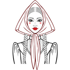 Linear drawing: a girl in old clothes. Vector illustration.