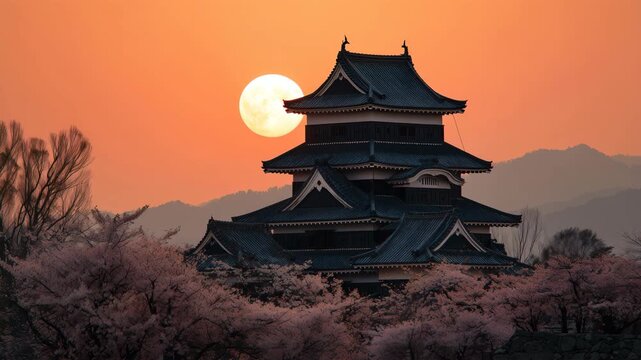 春の山影に城と大きな満月が重なる夜