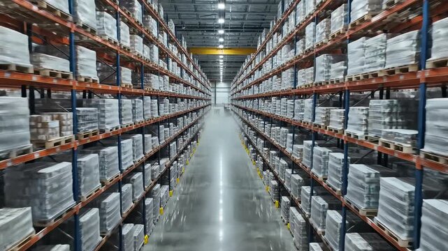 High wide aerial shot looking down over symmetrical rows of massive gray pallets and steel shelving inside a gigantic refrigerated distribution center system, rows, freight