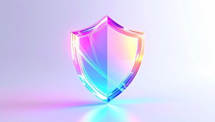 A glossy shield glows with iridescent colors against a gradient backdrop