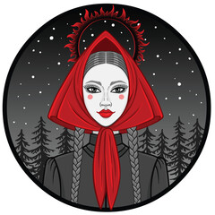 Cartoon portrait: young girl in old clothes against the backdrop of a night forest. Vector illustration.