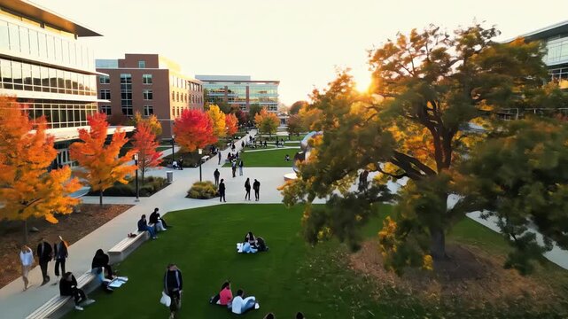 High-angle drone shot slowly revealing a modern, expansive university campus quad during the golden hour of a bright autumn afternoon modern architecture, high-angle drone shot, daylight