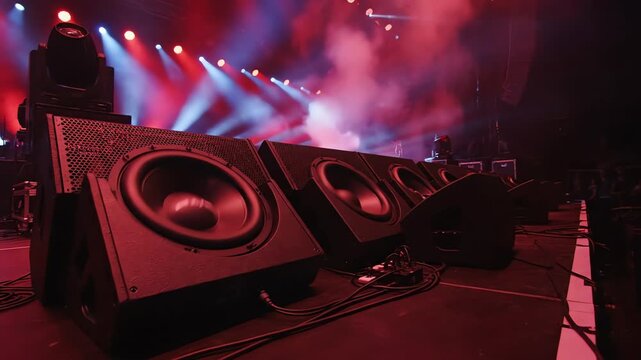 High-angle overhead cinematic view of large professional stage monitors and speaker cabinets vibrating powerfully in a dark concert venue massive setup, volume, energy
