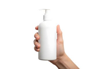 Hand Holding White Lotion Bottle with Pump Dispenser Isolated on transparent background