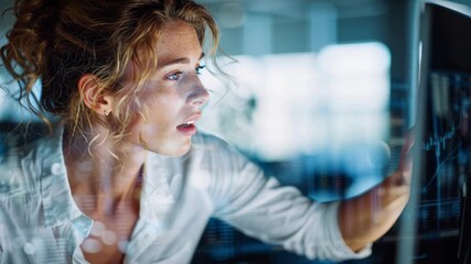 Focused young woman intently analyzes complex data visualizations displayed on a futuristic digital interface in a modern technology office environment at night - Powered by Adobe