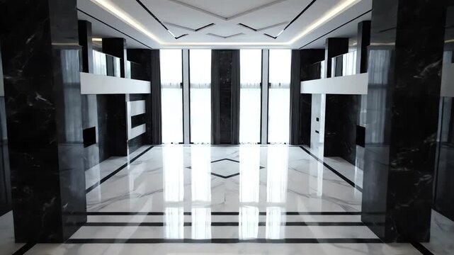 High-angle slow descending architectural shot emphasizing the expansive geometry and perfect monochrome symmetry of an empty luxury apartment monochrome, abstract, architectural