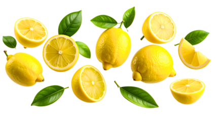 Falling fresh yellow lemons with green leaves isolated on background, citrus fruit flying in the air, summer freshness fruit.