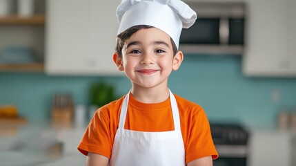 Cheerful Young Boy Wearing Chef Hat and Apron in Bright Kitchen Setting