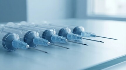 Macro shot of disposable hypodermic syringes in clinical setting medical equipment close-up sterile environment