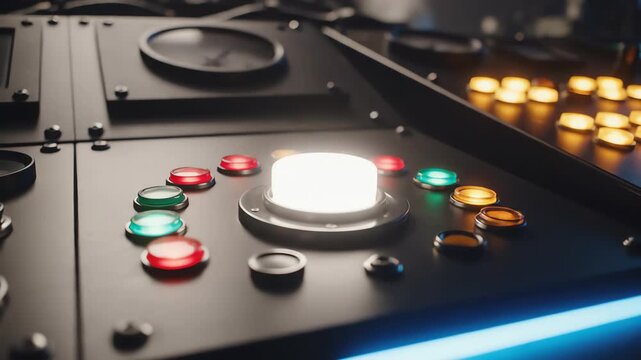 High-angle view of a pulsing industrial control panel dashboard featuring various blinking indicator lights and activation buttons in a machinery room process, high-angle, progress