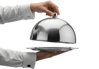 Hands holding silver dome lid over serving tray Isolated on transparent background