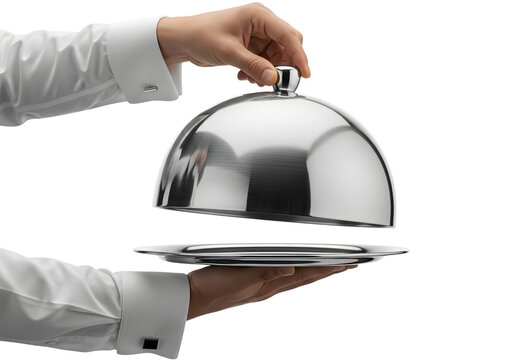 Hands holding silver dome lid over serving tray Isolated on transparent background