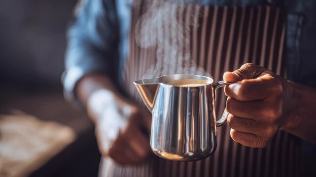 Banner of barista hand making a cup of coffee. Copy space for text, logo, brand or promo. Coffee shop service concept. Local business and barista profession. Close-Up. Milk Frothing Pitcher with Steam