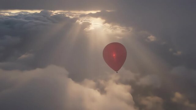 High-angle view showing a single rubber balloon drifting aimlessly downward through scattered pockets of ethereal sunlight breaking through soft gray cloud layers single, deep, weather