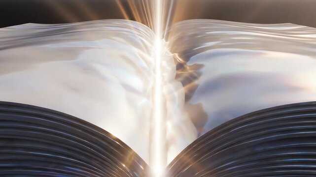 High-angle wide shot of an expansive, highly polished surface resembling an open book with a clear bright light radiating outward symbolizing a clear path forward aerial perspective, minimalist
