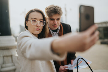 Two coworkers take a selfie outside in winter, reviewing documents. A man and a woman capture a moment while discussing charts on a chilly day.
