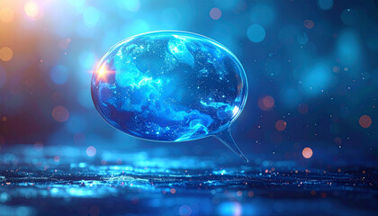 Abstract Blue Glowing Speech Bubble with Cosmic Nebula Inside Floating in a Digital Landscape