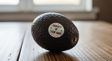 A whole avocado with a funny "Property Of [Your Name]" sticker. Humorous office or roommate food ownership concept on a wooden table.