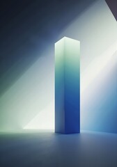 Abstract minimalist scene with a glowing monolith featuring a blue and green gradient. Futuristic architectural concept with dramatic light and shadow