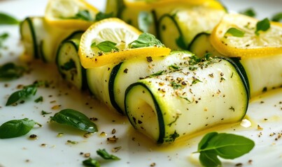 Gourmet plate of zucchini rolls garnished with herbs and lemon slices, vibrant and inviting tones, ideal for culinary or health-focused visuals