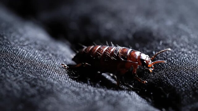 High-contrast macro lighting reveals a parasitic insect slowly moving on a dark bedding surface implying detection and the presence of contamination fabric, house, fear