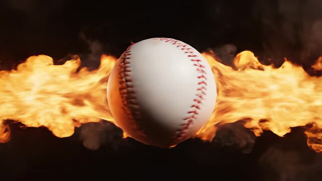 High-contrast shot of a rapidly spinning baseball with symmetrical, powerful jets of molten orange smoke and fire blasting outwards against a deep black void special effects, conceptual