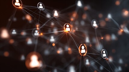 Network connections with glowing orange and white icons on dark background.