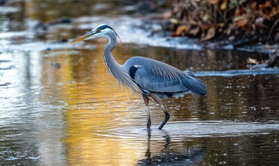 Graceful blue heron standing in shallow water, long slender legs and elegant neck creating a serene natural scene