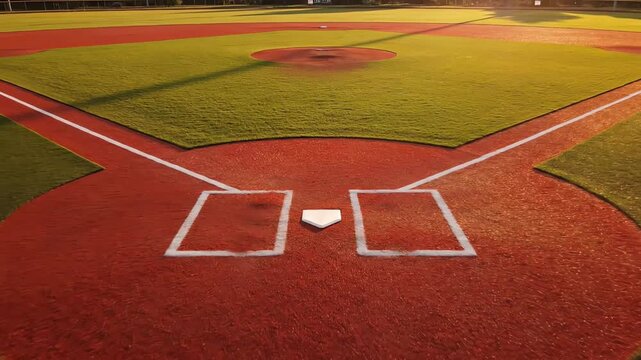 High-detail extreme close-up aerial shot focusing on the perfectly groomed clay dirt and manicured edges of the batter's box and home plate of an abandoned diamond detail, groomed, clay