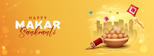 happy makar sankranti festival creative banner design with illustration of ladoo, flying kites and buildings on yellow abstract background