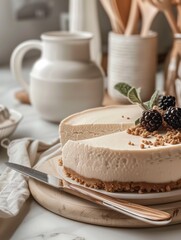 Cheesecake with cream filling, decorated with fresh blackberries and mint leaves, sprinkled with powdered sugar, on a wooden board in a soft, neutral setting. AI generation
