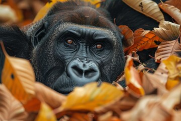 Obraz premium Western lowland gorilla lying in colorful autumn foliage