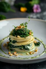 An elegant dish of spaghetti with saut&eacute;ed spinach, pine nuts, and creamy sauce on a white plate. AI generation

