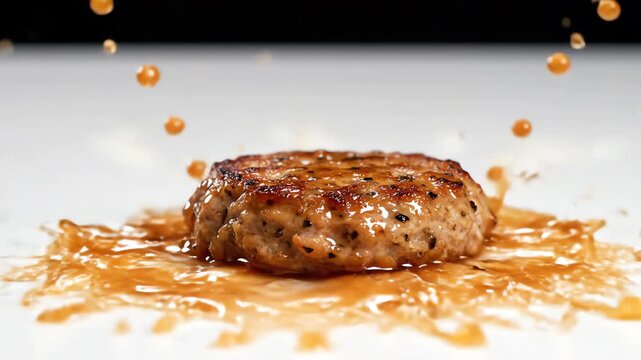 High-speed close-up slow motion shot of a savory cooked turkey patty dropping dramatically onto a clean white surface stock footage, impact, meat substitute