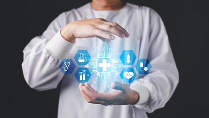 Doctor hand holding virtual interface with health icons. Digital medical technology concept for futuristic healthcare innovation, science analysis, and smart hospital data system.