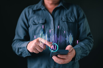 Man holding smartphone with AI voice assistant and sound wave hologram. Smart technology concept for speech recognition, digital audio processing, and virtual command control system.