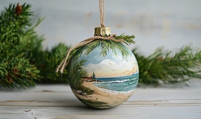 Hand-painted wooden ornament with a coastal beach scene, adorned with greenery and twine, combining rustic charm with intricate detailing