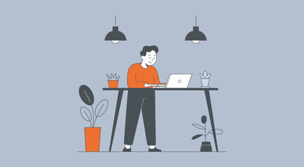 Professional working remotely on computer at standing desk, modern minimalist workspace illustration, productivity and flexible work concept, healthy lifestyle, digital nomad and remote office design.