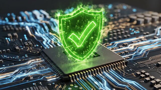 High-speed data streams flow across an intricate microchip structure as a brilliant green shield and verification mark suddenly form and pulsate High-speed, green, intricate