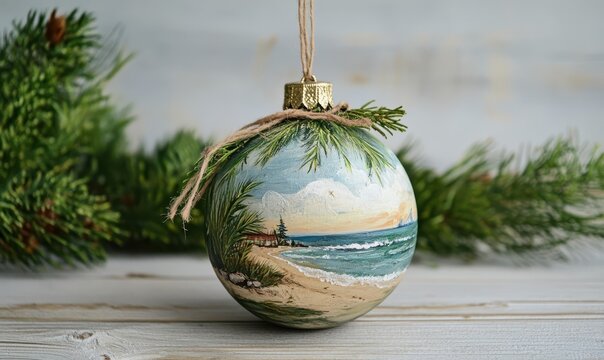Hand-painted wooden ornament with a coastal beach scene, adorned with greenery and twine, combining rustic charm with intricate detailing - Powered by Adobe